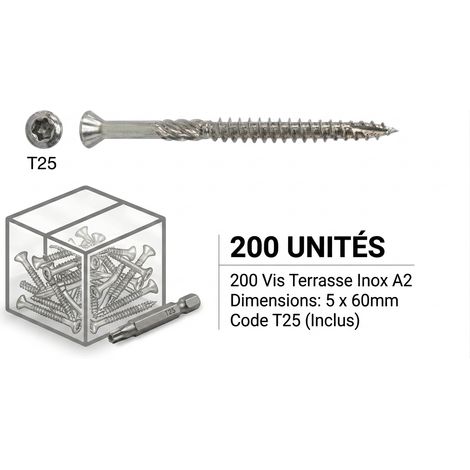 Boîte de 200 vis de terrasse inox A2 5 x 60 mm tête fraisée Torx avec embout (1/5)