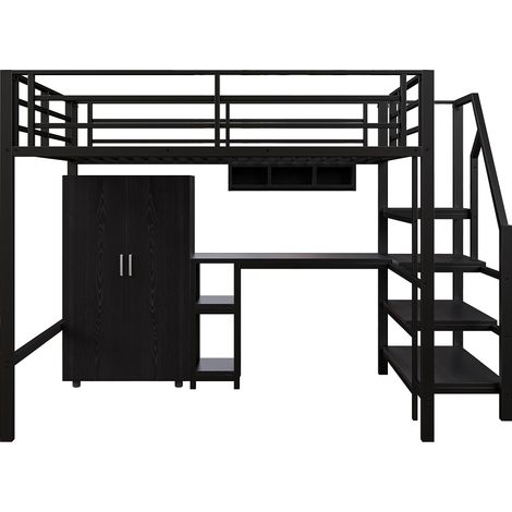 Letto a soppalco 140 x 200 cm in metallo e MDF con scrivania, armadio e ripiani nero (1/5)