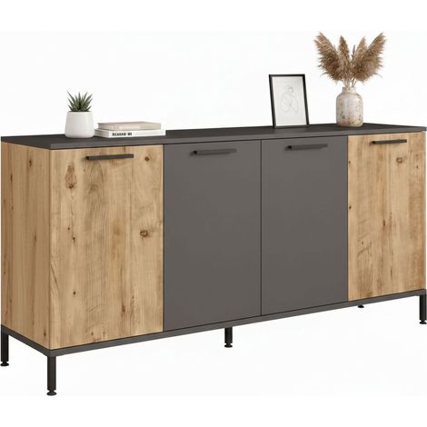 Credenza Bratislava, Madia 2 Ripiani, 4 Ante, 4 Vani, 160x40x72h cm Marrone Quercia