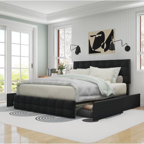 Bett mit Stauraum Leinen Schwarz 140x200 cm, Polsterbett mit 4 Schubladen, höhenverstellbarem Kopfteil und Lattenrost (1/5)
