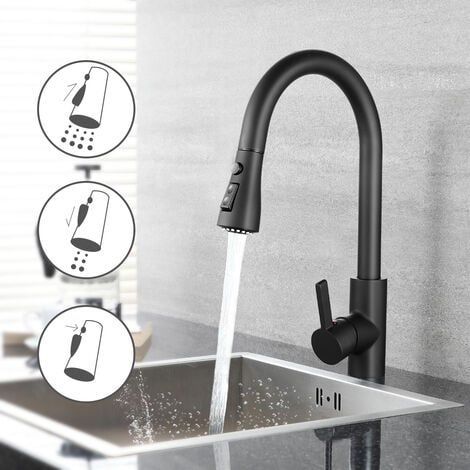 Grifo mezclador extraíble de acero inoxidable para cocina o baño, 3 modos de rociado, giratorio 360°, color negro. (1/4)