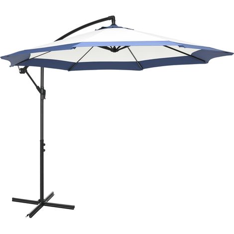 Parasol de jardin Ø3 x 2 m avec pied en croix, ouverture à manivelle et aération, parasol de terrasse décentré en métal et polyester, bleu foncé et crème (1/5)