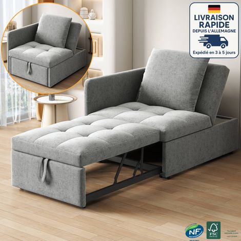 Sofá cama para una persona - Reclinación ajustable - Lino - Respaldo ajustable en cinco posiciones - Diseño convertible 3 en 1 - Gris (1/4)