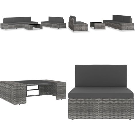 6-tlg. Garten-Lounge-Set Poly Rattan Grau - Poly Rattan - Gartenmöbel (1/5)