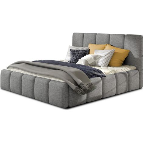 Lit adulte Vika – Tissu capitonné-Gris-160x200-Version avec sommier (1/5)