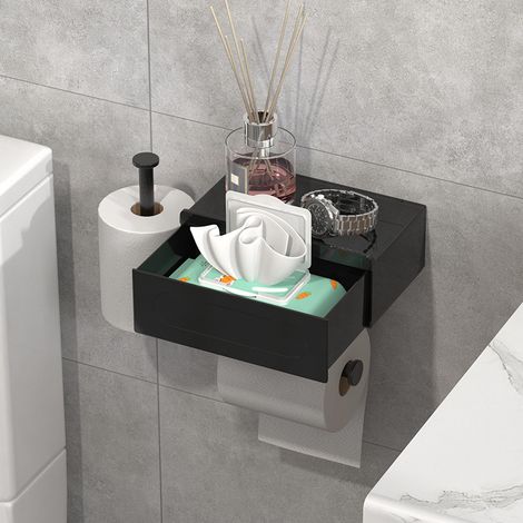 Dispensador de papel higiénico de pared, con estante, sin necesidad de taladrar, incluye toallitas húmedas, cajón adhesivo, dispensador de papel higiénico (negro)