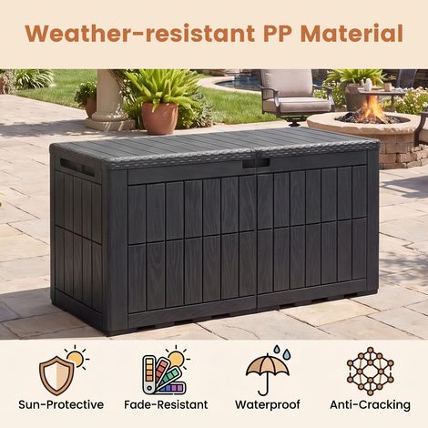 Coffre de rangement extérieur 380L marron en plastique étanche avec couvercle verrouillable et vérins pour jardin et terrasse (1/5)