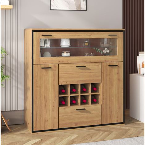 Sideboard cave à vin en panneaux de particules bois naturel et noir 110 x 38 x 111 cm avec LED 16 couleurs (1/5)
