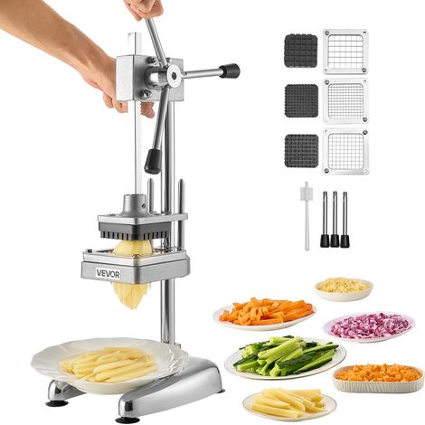 VEVOR Tagliapatate Commerciale, Tagliaverdure, Tagliafrutta in Acciaio Inossidabile con 3 Lame di Ricambio,12,7/9,525/6,35 mm, Tagliapatate Manuale con Maestria per Ristoranti, Caffe, Bistrot