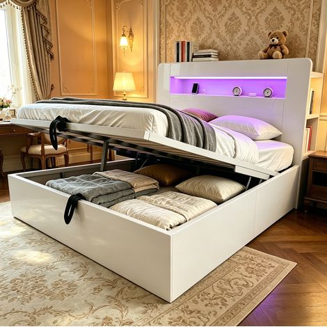 Cama con almacenamiento hidráulico de madera blanca 140 x 200 con cabecero LED y enchufes integrados (1/5)