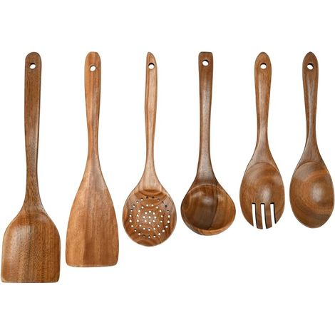 Lot de 6 ustensiles de cuisine en bois de teck naturel résistant à la chaleur, anti-adhésif, sûr, prise en main confortable, louche incluse (1/5)