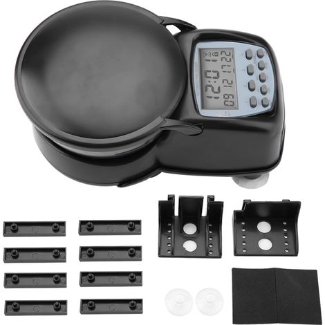 Alimentador automático de peces (alimentador con temporizador automático y pantalla LCD) - Temporizador programable con fuente de alimentación LCD - Negro - 4L
