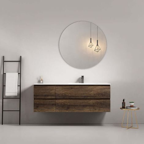Mobile bagno sospeso 140 cm Bruno Scuro Lavabo a Destra in Resina Specchio Tondo - Fiji Wood
