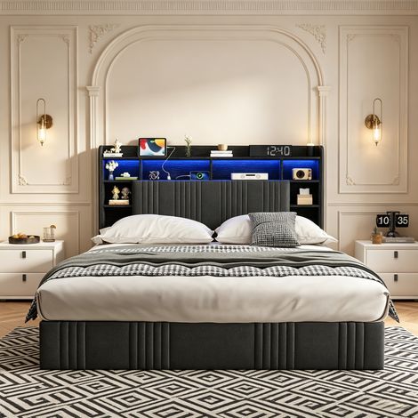 Lit coffre double 90x200 cm – Éclairage LED orientable – Rangement hydraulique –  Sommier à lattes – Prises USB – Structure métal – adapté aux adultes et adolescents,Gris (1/5)