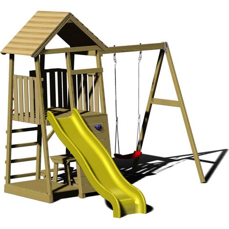 Aire de jeux en bois Pélican avec toboggan, mur d'escalade, balançoire – Bois de pin FSC – Charge 100 kg – Pour enfants à partir de 4 ans – Wendi Toys (1/5)