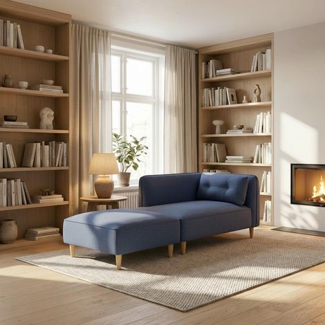 Mömax Sofa Fanny Blau Leinenoptik mit Hocker (1/5)