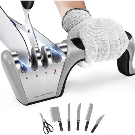 Aiguiseur de Couteaux Professionnel 4-en-1 pour Cuisine - Affûtage Couteaux en INOX, Céramique et Ciseaux - Gomme Antidérapante Inclus - OUYLAF (1/4)