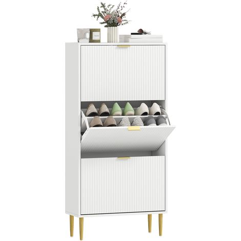 Meuble à chaussures 18 paires avec 3 tiroirs rabattables, portes cannelées et étagères réglables, 60x24x122,5cm, blanc (1/5)