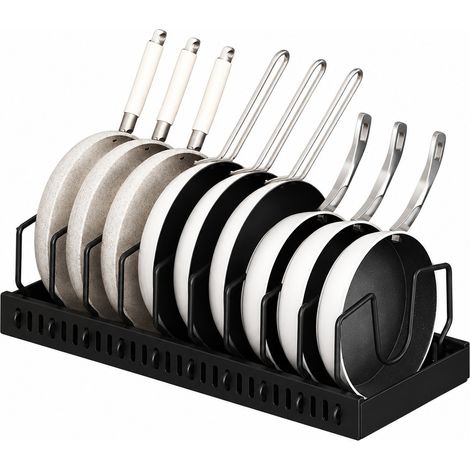 Support à casseroles réglable, noir, 52 cm, à glisser dans un placard ou à poser sur un plan de travail, avec un support à couvercles à 10 rangées. (1/5)