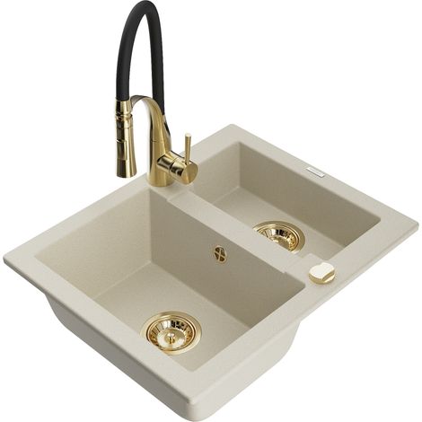 Mexen Carlos évier en granit 1,5-bac avec robinet de cuisine Aster, beige - 6518-69-73450-57-G (1/5)
