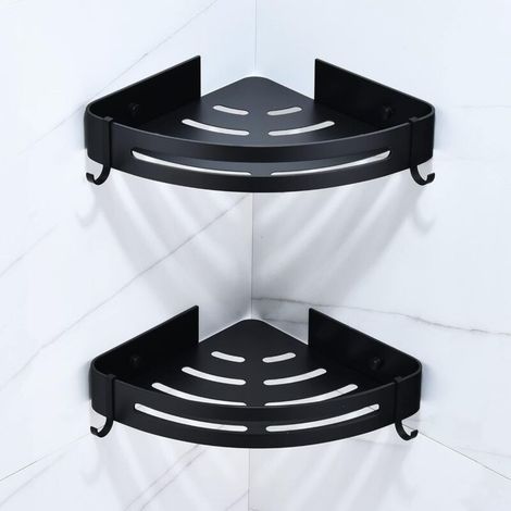 Lntyq Etagere Salle de Bain Sans Percage, Étagère Murale Noire Douche Panier Rangement Angle Avec 4 Crochets Tablette D’angle Metal pour Rangement Douche, Étagère Cuisine (2 Niveaux)