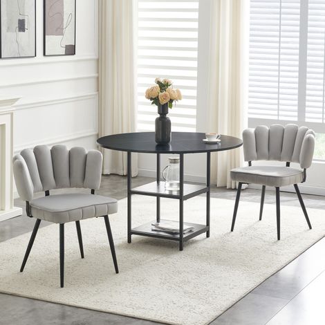 Ensemble table ronde 107cm – 2 chaises gris clair – Dossier fleur – Industriel – Petits appartements (1/5)