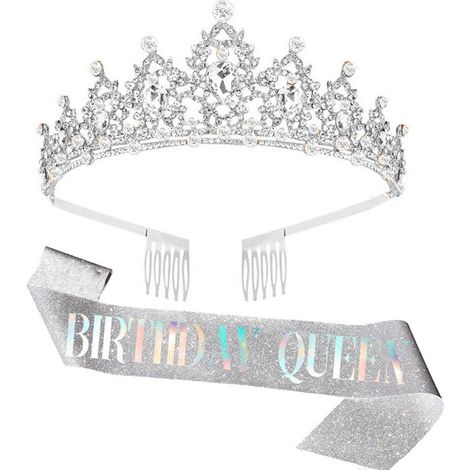 1 peine para el cabello, corona de diamantes de imitación, bufanda de satén, accesorio para fiestas, regalo de cumpleaños para mujeres y niñas. (1/5)