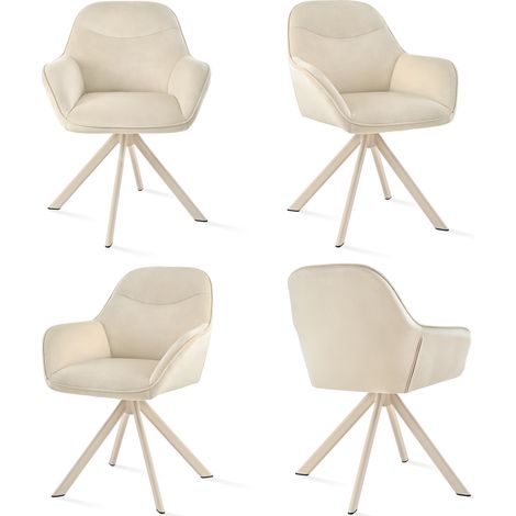 Goeurvant Chaise pivotante à 360° avec assise moelleuse, dossier courbé et accoudoirs ergonomiques, confort élégant pour toutes les pièces - Lot de 4 - Crème, pieds blancs - Velours (1/5)
