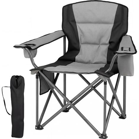 COSTWAY Chaise Pliante Camping, Fauteuil Extérieur Rembourré, Charge 180kg, Poche Isotherme, Porte-Gobelet, Poche de Rangement, Chaise Peche Portable pour Voyage Camping, 97,5x63x99cm (Gris + Noir) (1/5)