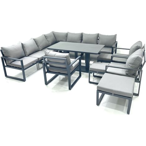 Fimous 13 Seater Outdoor Aluminum Garden Furniture Set Corner Sofa 3 Chair 3 Footstools Adjustable Rising Lifting Dining Table Sets Dark Grey (1/5)