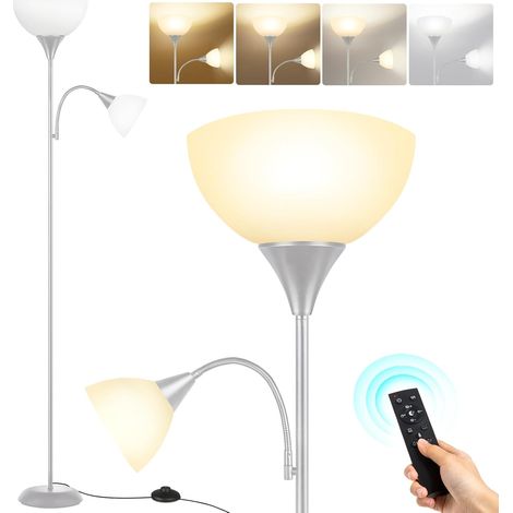Lampadaire Salon avec Lampe de Lecture, Projecteur de Plafond LED Dimmable, 3 Températures de Couleur, Minuterie 1h, avec Télécommande et Ampoules 9W, pour Salon, Bureau, Chambre (Gris Argent) (1/5)