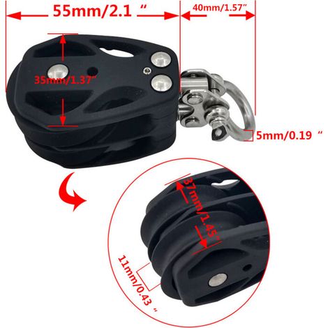 Poulie rotative double roue en nylon noir (35 mm) pour Pilates, bateaux, yachts et kayaks. Accessoires de Pilates.