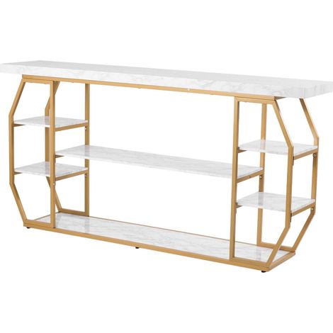 Table console marbre 3 niveaux, structure géométrique dorée anti-basculement, salon, entrée, bureau, déco et style glamour (1/5)