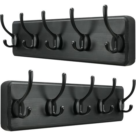 Porte Manteau Mural Bois Noir, Le Style Rustique, 44cm Longue,Grand Porte-manteau Mural avec 5 Crochets Doubles Pour suspendre sac à dos, veste, chapeau(Paquet de 2) (1/5)