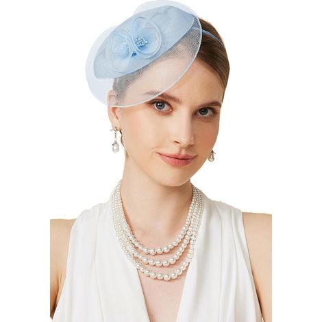 JeiibrZui Damen-Fascinator-Hut – Elegantes florales Netz-Haarband mit Clip – Einheitsgröße – 1 Stück – Hellblau – Ideal für Hochzeiten, Pferderennen und Cocktailpartys (1/5)