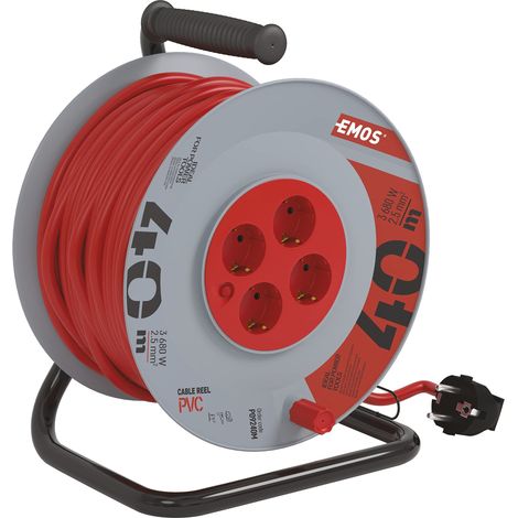 EMOS - Avvolgicavo 40 m con prolunga rinforzata - 4 prese Schuko - 230 V, 16 A, 3680 W - Isolamento in PVC - H05VV-F3G 2,5 mm2 - Protezione contro il surriscaldamento - IP20 per interni, grigio-rosso (1/5)