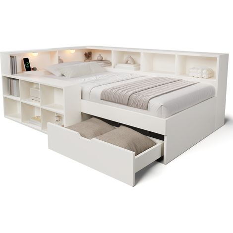 Lit avec rangement 140x190 cm, lit double compact avec 1 tiroir, étagères ouvertes, 2 liseuses, 3 USB et 1 USB-C, blanc (1/5)