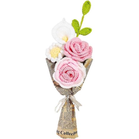 Fleur tricotée au crochet faite main en laine multicolore 39 cm, bouquet de fleurs artificielles, cadeau et décoration intérieure-Pink