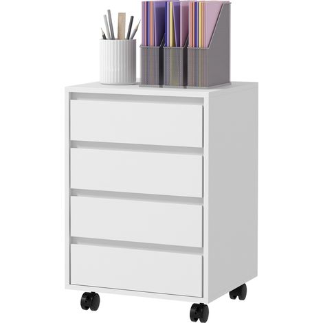 HOMCOM Cassettiera per Scrivania 4 Cassetti e Ruote con Freno 46x40x65 cm Bianco