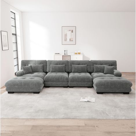 Divano modulare angolare 406x145x81 cm in tessuto grigio, con ottomana, per soggiorni – MEUBLIV (1/5)