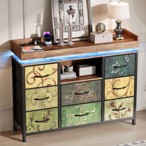 Commode avec 8 tiroirs en tissu,Armoire avec LED et Station de Recharge,Cadre en Métal,100x30x82cm,Tissu Floral (1/5)