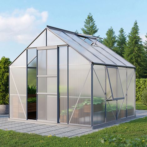 Serre de jardin en polycarbonate 4 ou 6 mm - Meridian - Portes 1 dble coulissante, Long 3.83 m, Couleur Aluminium , Polycarbonate