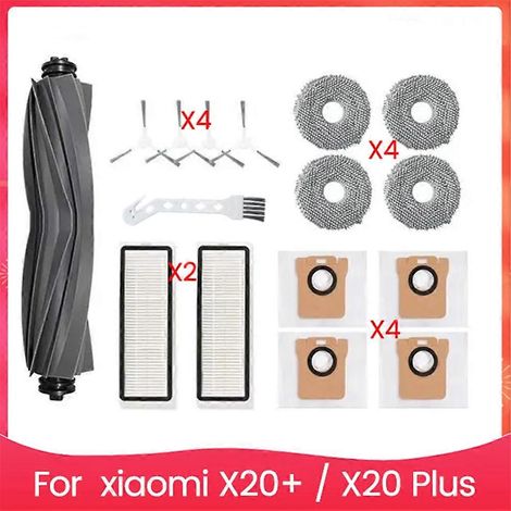 Accessoires compatibles avec l'aspirateur robot Xiaomi X20+ / X20 Plus : brosse principale, filtre HEPA, lingette de nettoyage et sac à poussière. (1/5)