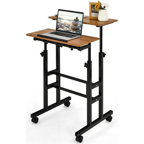 GOPLUS Bureau d'Ordinateur Assis-Debout Reglable en Hauteur 2 en 1, Poste de Travail a roulettes Verrouillables Portable Reglable 60x60x72-123cm (Noyer) (1/5)
