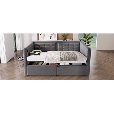 Sofá cama 90x200 cm de terciopelo gris con arcón y USB, para invitados, sin colchón – MEUBLIV (1/5)