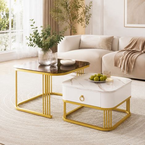 Mesa de centro nido 2 piezas, efecto mármol brillante y vidrio marrón, blanco y dorado HAVRYA (1/5)