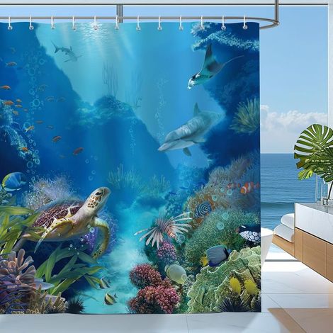 Duschvorhang aus Polyester, 180 × 180 cm, Unterwasserwelt-Schildkröten-Motiv, Ozeanblau, wasserdicht, schimmelresistent, waschbar, mit 12 Haken (1/5)