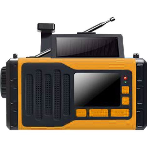 Radio d'urgence multifonction rechargeable à énergie solaire avec manivelle et lampe torche. (1/2)