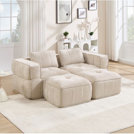 Canapé modulable fixe 2 places avec 2 poufs en tissu beige, assise profonde, larges accoudoirs, base antidérapante, 198 x 162 x 67 cm pour salon – de FLORAGRACE (1/5)