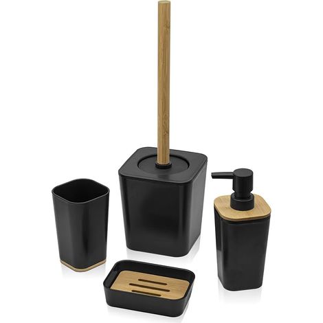 Set accessori bagno moderno in finitura nera opaca con dettagli in bambù (1/5)